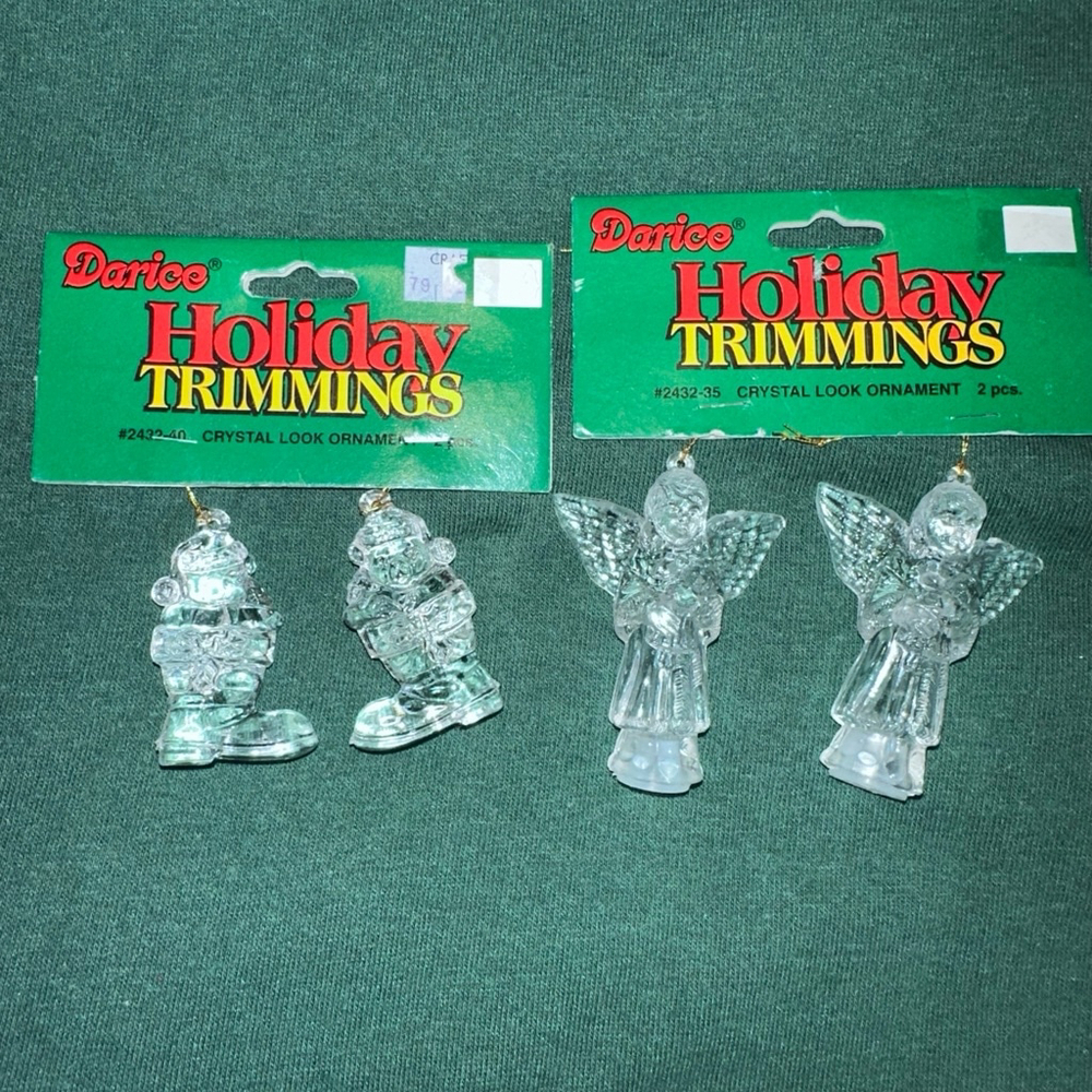 RARE NOS Vintage Darice Holiday Trimmings Crystal Look Ornament Set Of 2 Sets